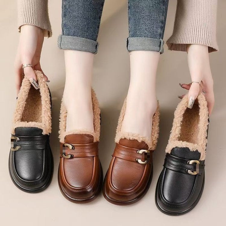 Mary Jane cotton shoes women's sponge cake thick sole one foot pedal thick and plush warm little leather shoes