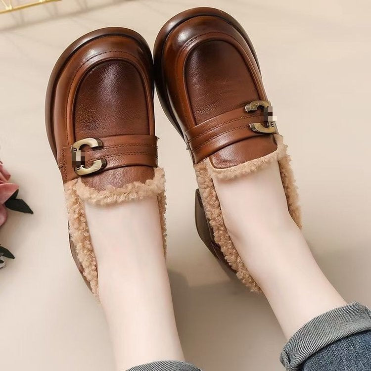 Mary Jane cotton shoes women's sponge cake thick sole one foot pedal thick and plush warm little leather shoes