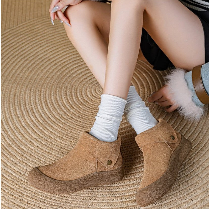 Boken shoes women's soft soled warm cotton shoes round toe flat bottomed short boots